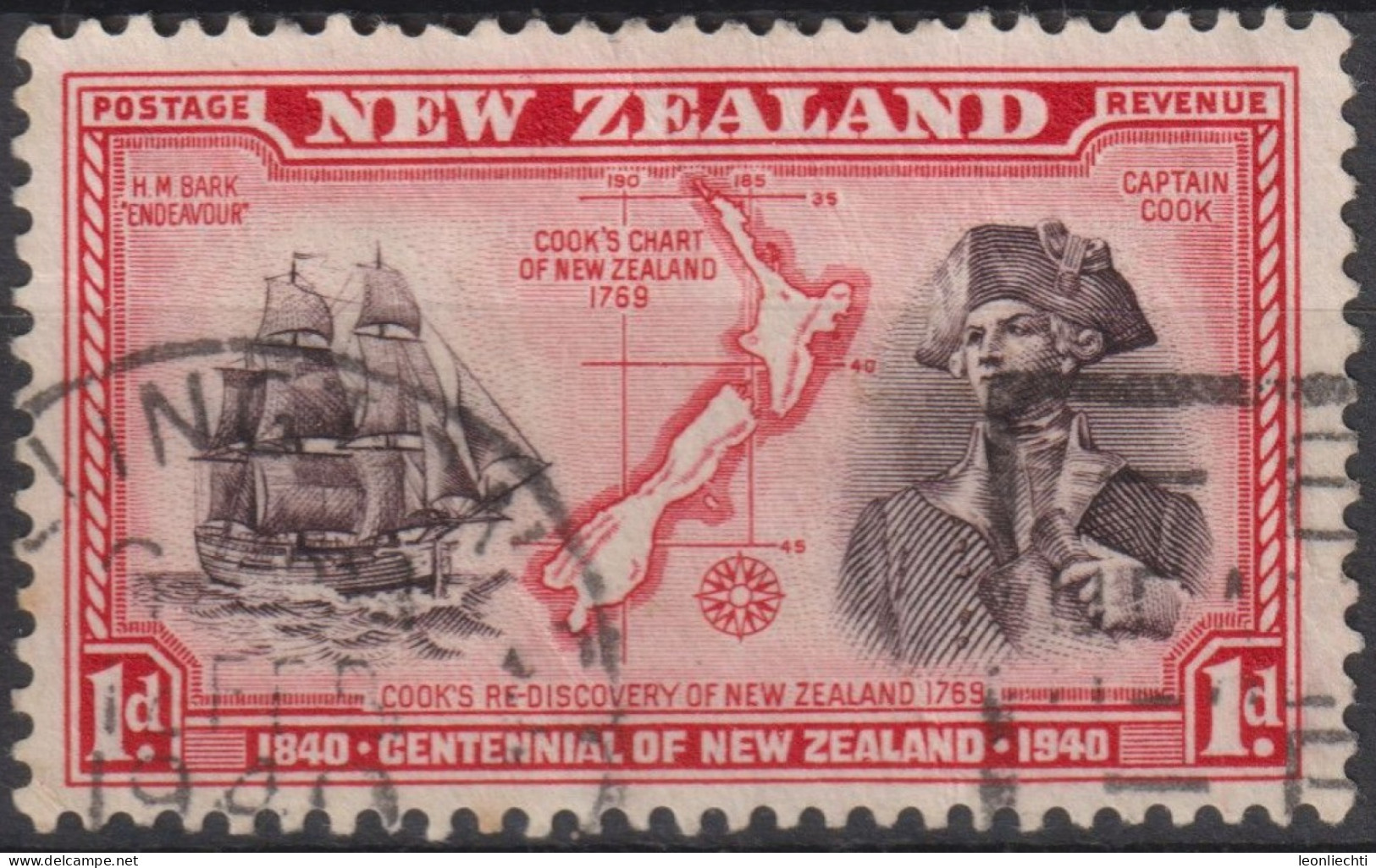 1940 Neuseeland ° Mi:NZ 254, Sn:NZ 230, Yt:NZ 244, Endeavour, Chart Of New Zealand And Captain Cook - Oblitérés