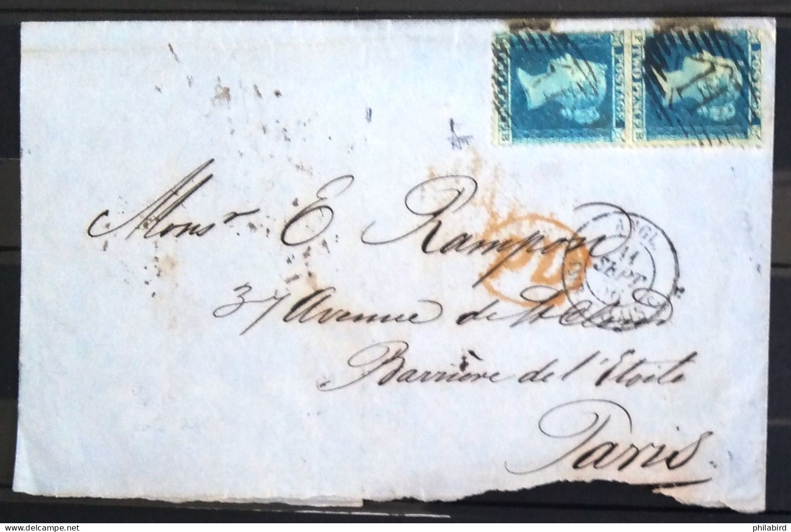 Cachet Type 15 " ANGL -  AMB CALAIS" Sur N° 11 X 2 + Cachet G.B Et PARIS Au Verso - 1856 - Indice 20 - 1849-1876: Classic Period