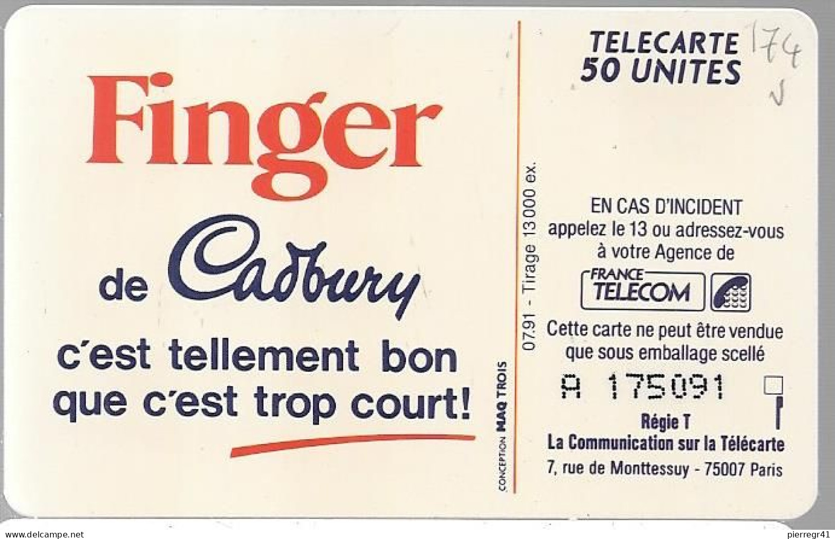 CARTE-PUCE-PRIVEE-PUBLIC- 50U-SO3-07/91-EN174-FINGER CADBURY-ROUGE-R°V° Série N°A 175091-Utilisé -TBE--UTILISE--TBE - 50 Units