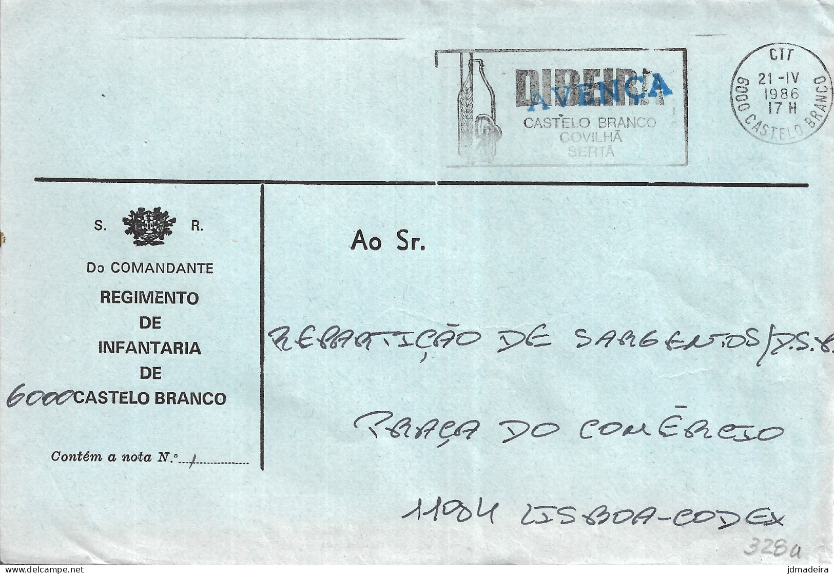 Portugal Military Cover DIBEIRA CASTELO BRANCO Slogan Cancel - Storia Postale