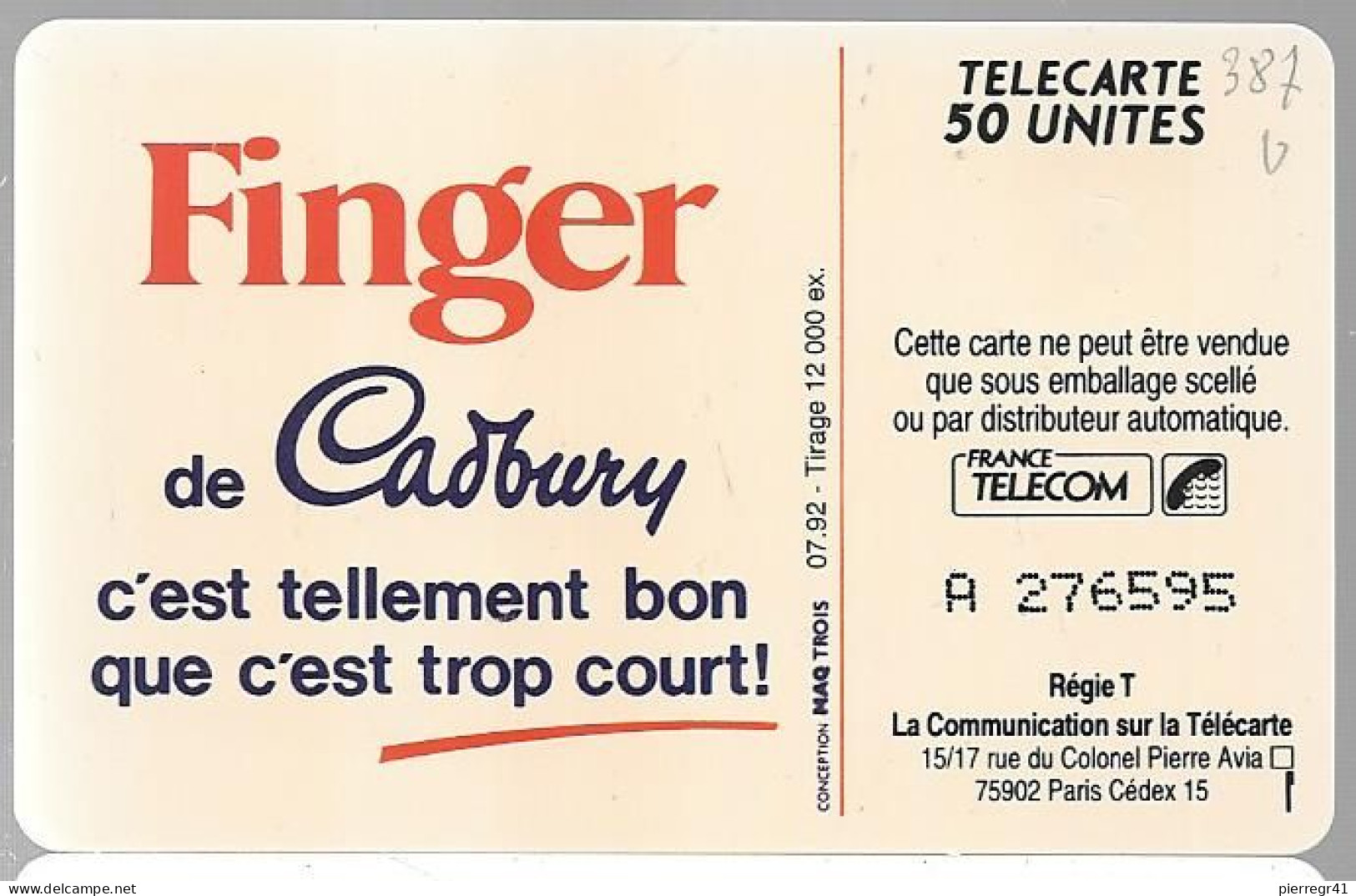 CARTE-PUCE-PRIVEE-PUBLIC- 50U-SO3-07/92-EN409-FINGER CADBURY-VIOLET-R°V° Série N°A 276595-Utilisé -TBE--UTILISE--TBE - 50 Einheiten