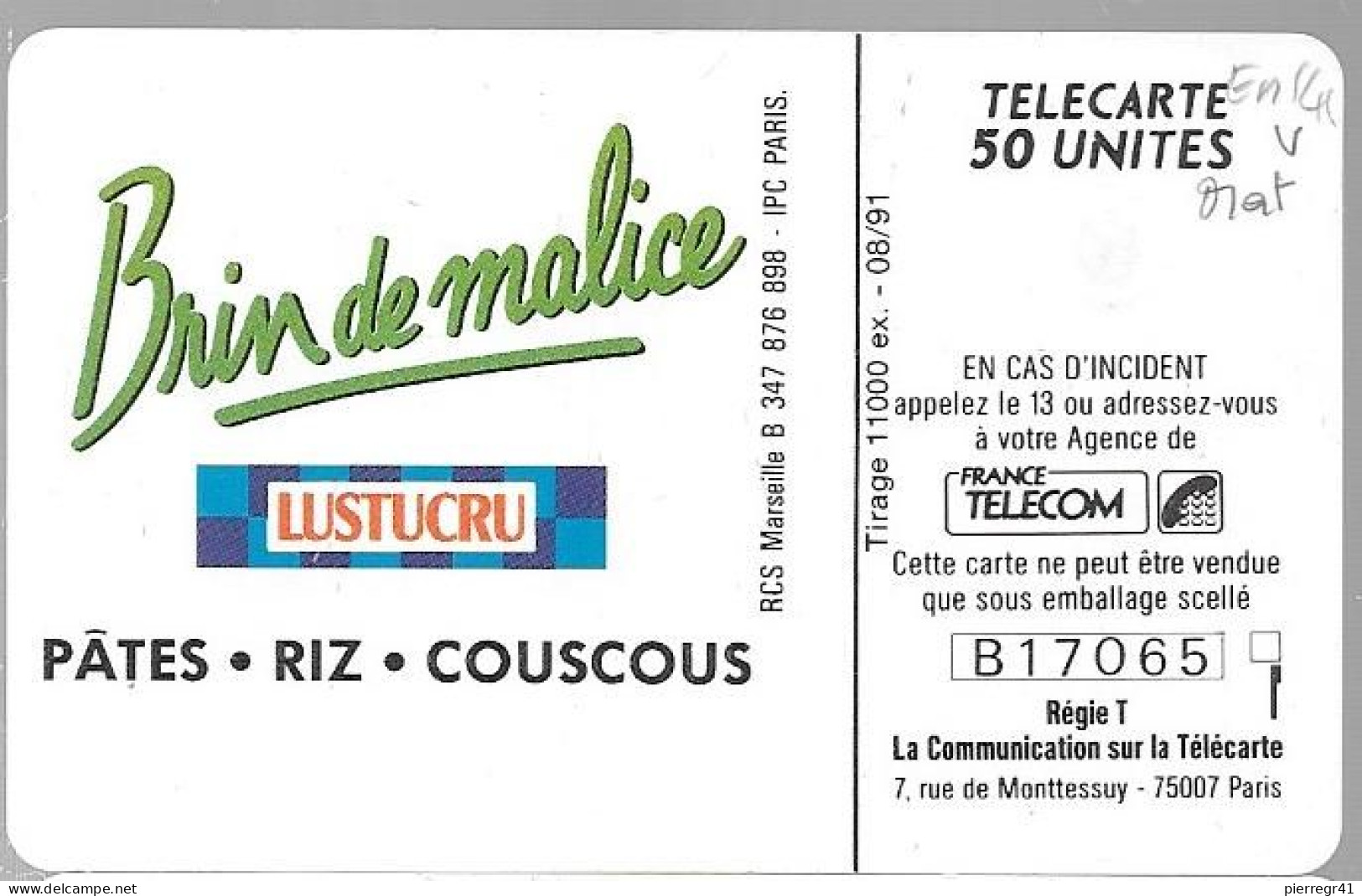 CARTE-PUCE-PRIVEE-PUBLIC-50U-EN141-GemA-08/91-LUSTUCRU-VERT-R°Mat--V°B17065-Utilisé-TBE/RARE - 50 Unidades