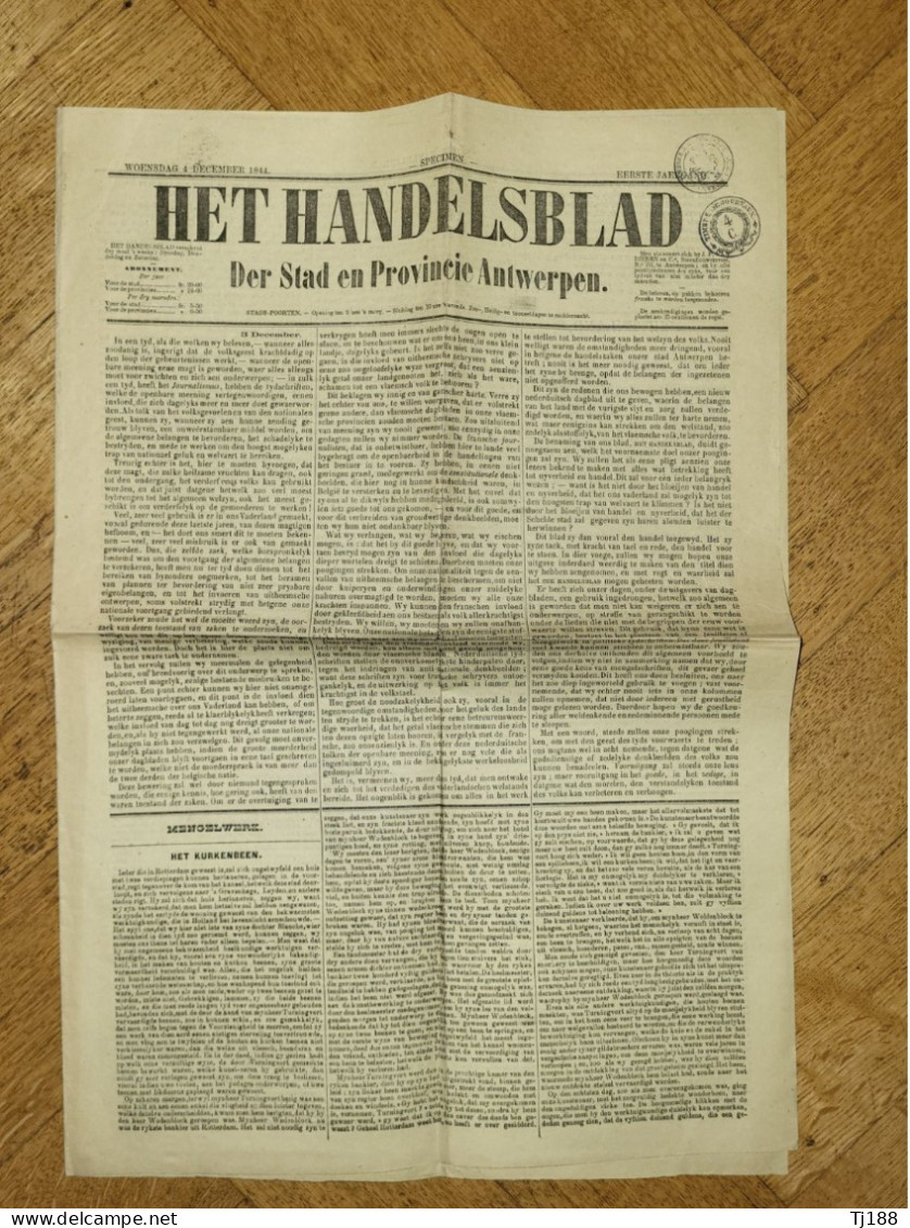 Het Handelsblad Der Stad En Provincie Antwerpen 4 December 1844 - Allgemeine Literatur