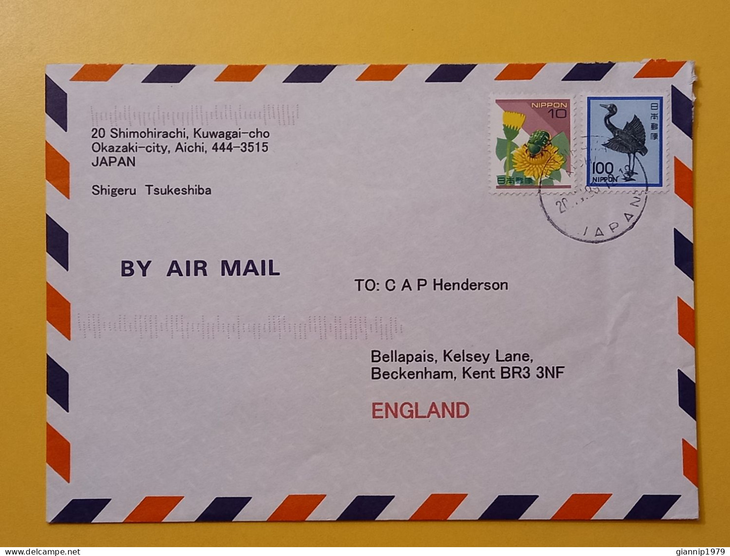 1989 BUSTA COVER AIR MAIL GIAPPONE JAPAN NIPPON BOLLO FIORI FLOWERS UCCELLI BIRDS OBLITERE'   FOR ENGLAND - Brieven En Documenten