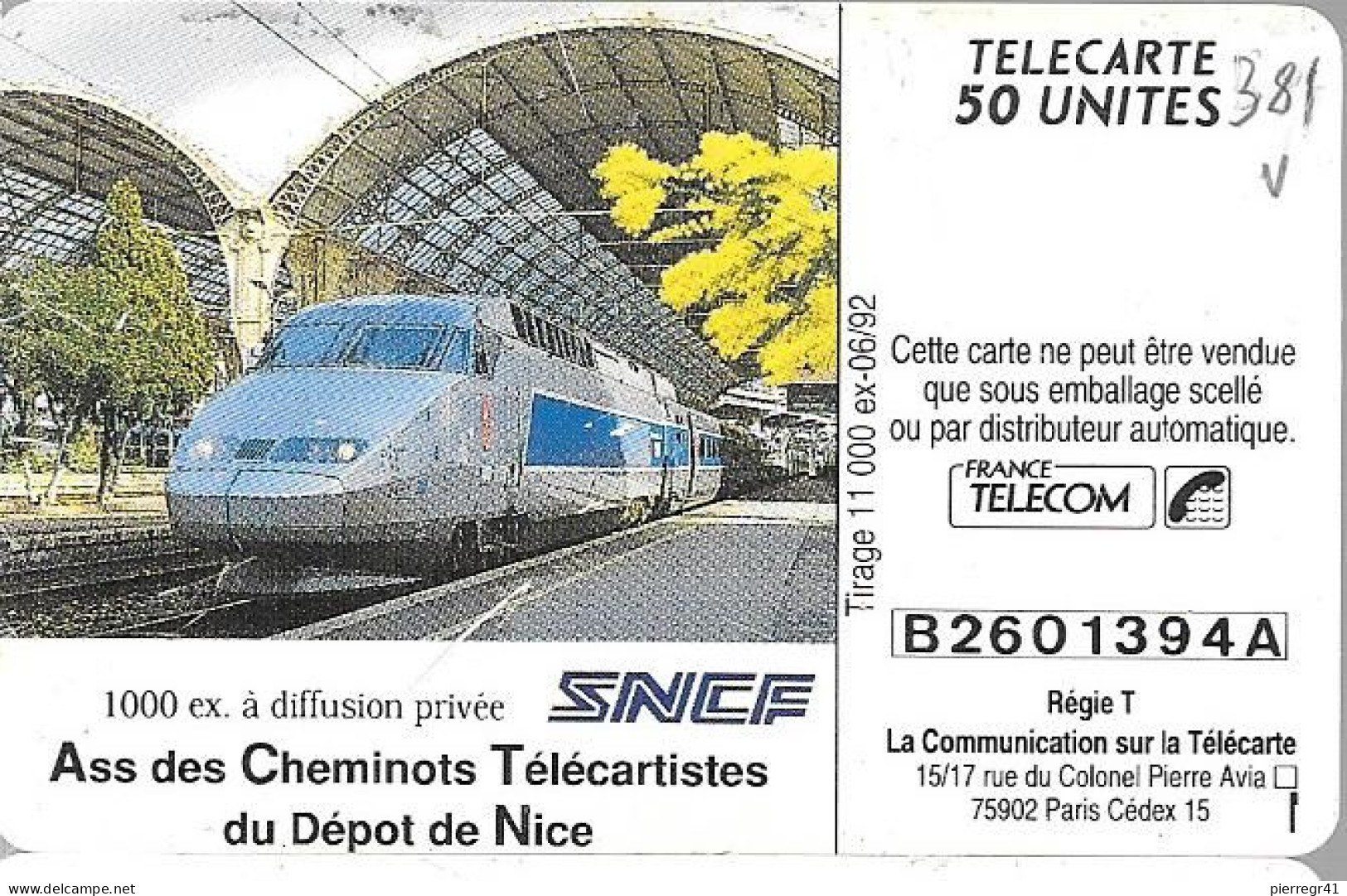 CARTE-PUCE-PRIVEE-PUBLIC- 50U-EN381-GemA-A.C.T.N-TGV NICE- V°Série N°B2601394A-Utilisé-R°TBE/V°BE Petites Rayures - 50 Unità  