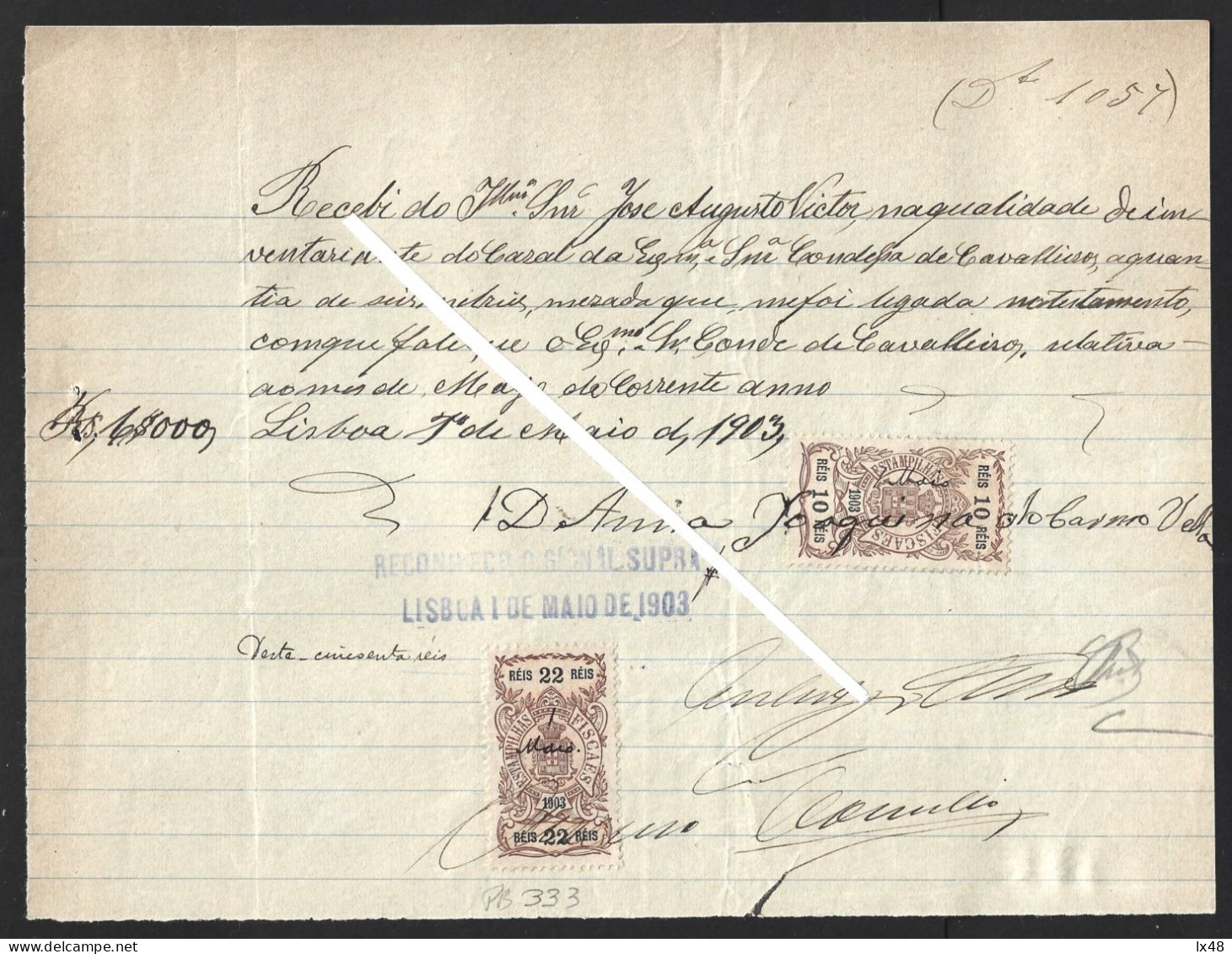 Recibo 1903 Stamps Fiscais Do Reinado Do Rei D. Carlos. Stamps De 10 E 22 Réis. Receipt 1903 With Tax Stamps Reign King - Storia Postale