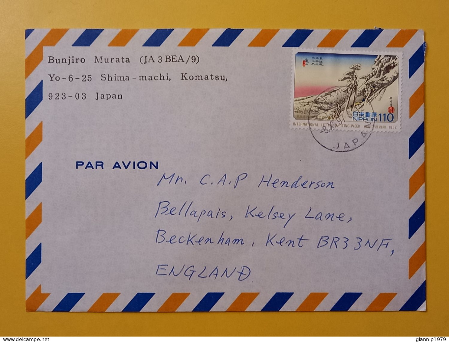 1997 BUSTA COVER AIR MAIL GIAPPONE JAPAN NIPPON BOLLOSNOW OBLITERE'  FOR ENGLAND - Briefe U. Dokumente