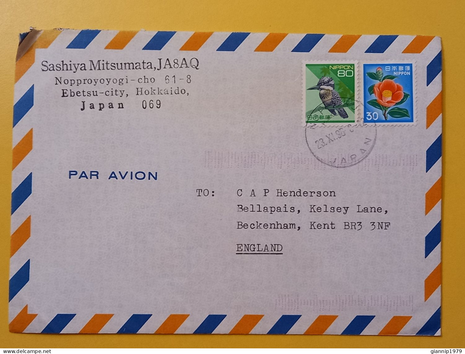 1996 BUSTA COVER AIR MAIL GIAPPONE JAPAN NIPPON BOLLO FIORI FLOWERS UCCELLI BIRDS OBLITERE'  FOR ENGLAND - Lettres & Documents