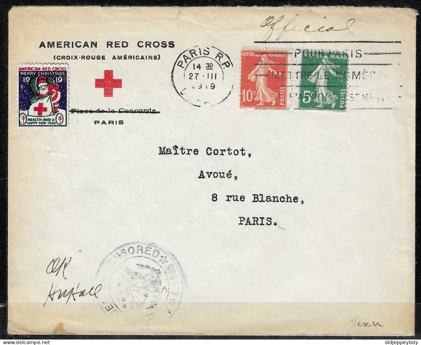 COVER France N°130, 131 Sur Enveloppe De L'American Red Cross 27.3.1919  CROIX ROUGE VIGNETTE VIGNETTEN W/ CENSOR CANCEL - Cruz Roja