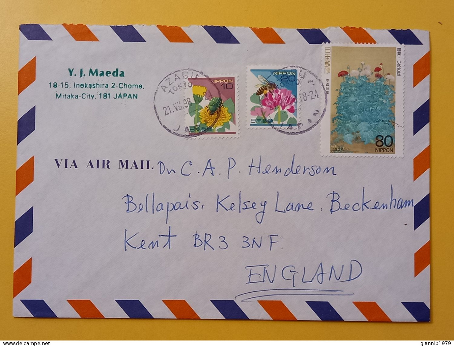 1998 BUSTA COVER AIR MAIL GIAPPONE JAPAN NIPPON BOLLO FIORI FLOWERS OBLITERE' AZASU FOR ENGLAND - Brieven En Documenten