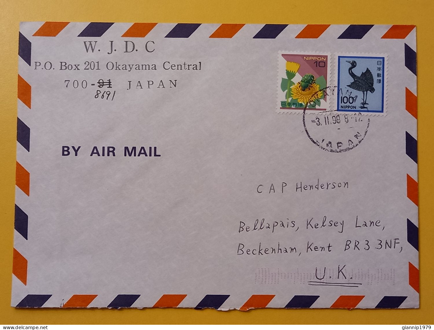 1999 BUSTA COVER AIR MAIL GIAPPONE JAPAN NIPPON BOLLO FIORI FLOWERS UCCELLI BIRDS OBLITERE' OKAYAMA FOR ENGLAND - Covers & Documents