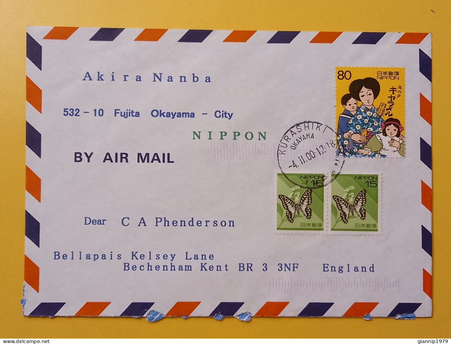 2000 BUSTA COVER AIR MAIL GIAPPONE JAPAN NIPPON BOLLO FARFALLE BUTTERFILES OBLITERE' KURASHIKI FOR ENGLAND - Lettres & Documents