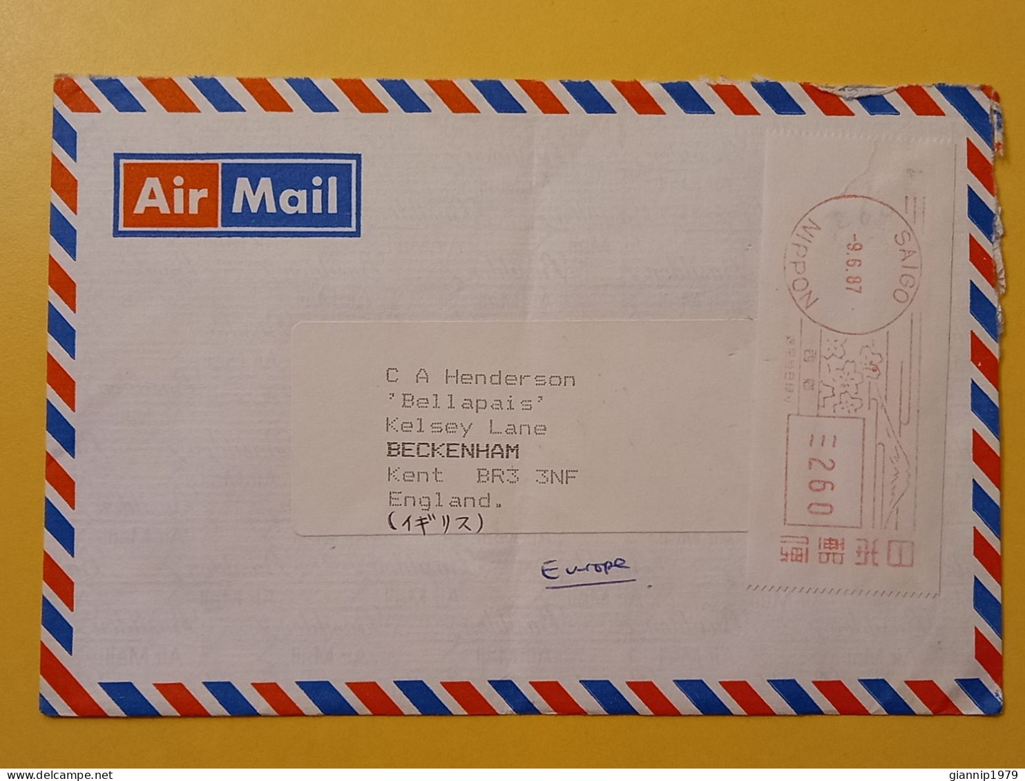 1987 BUSTA COVER AIR MAIL GIAPPONE JAPAN NIPPON BOLLO DISTRIBUTORI DISTRIBUTION OBLITERE' SAIGO FOR ENGLAND - Brieven En Documenten