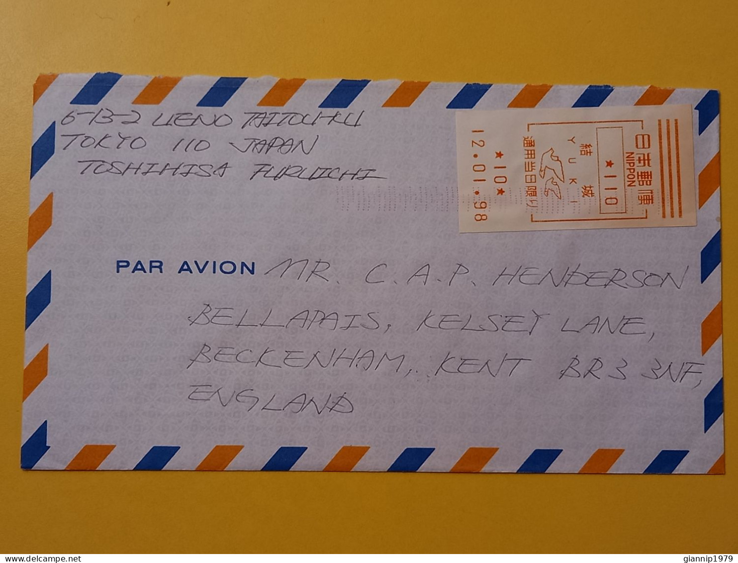 1998 BUSTA COVER AIR MAIL GIAPPONE JAPAN NIPPON BOLLO DISTRIBUTORI DISTRIBUTION OBLITERE' YUKI FOR ENGLAND - Lettres & Documents