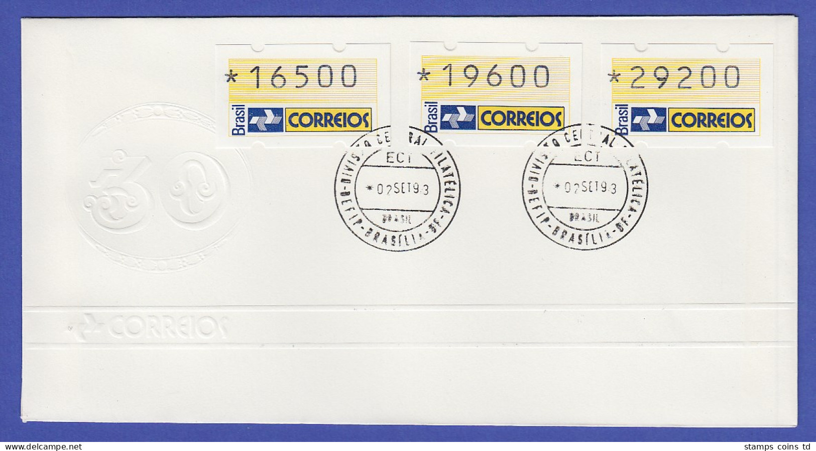 Brasilien ATM BRASILIANA'93, Mi.-Nr. 4, Satz 16500-19600-29200 Auf Offiz. FDC - Automatenmarken (Frama)