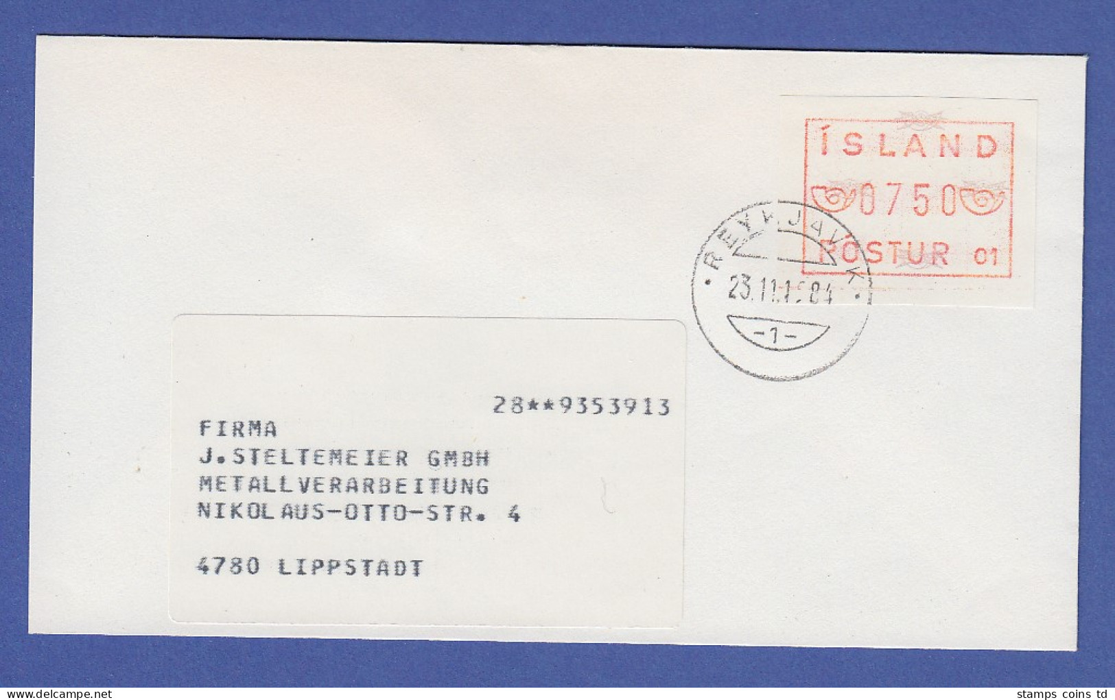 Island ATM Nr. 1 Aut.-Nr. 01 Wertstufe 750  Auf Brief Nach Lippstadt - Affrancature Meccaniche/Frama