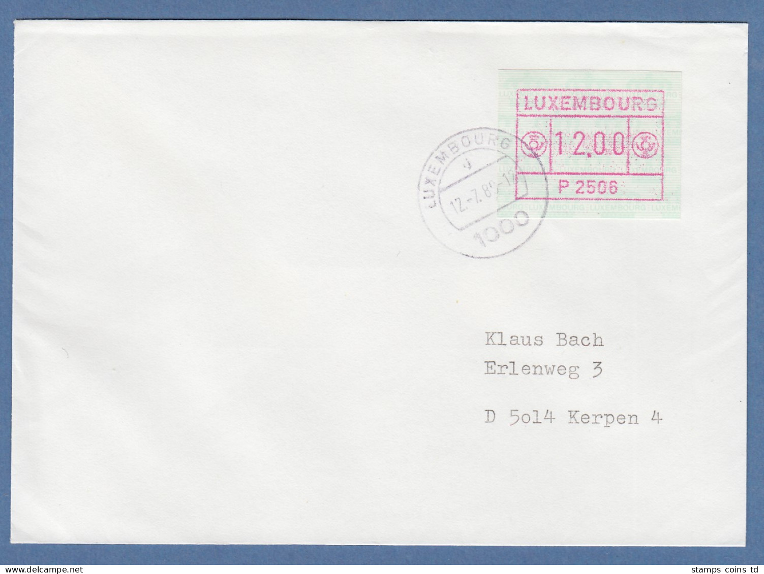Luxemburg ATM P2506 Wert 12.00 Auf Brief Nach Kerpen, O 12.7.89 - Vignettes D'affranchissement