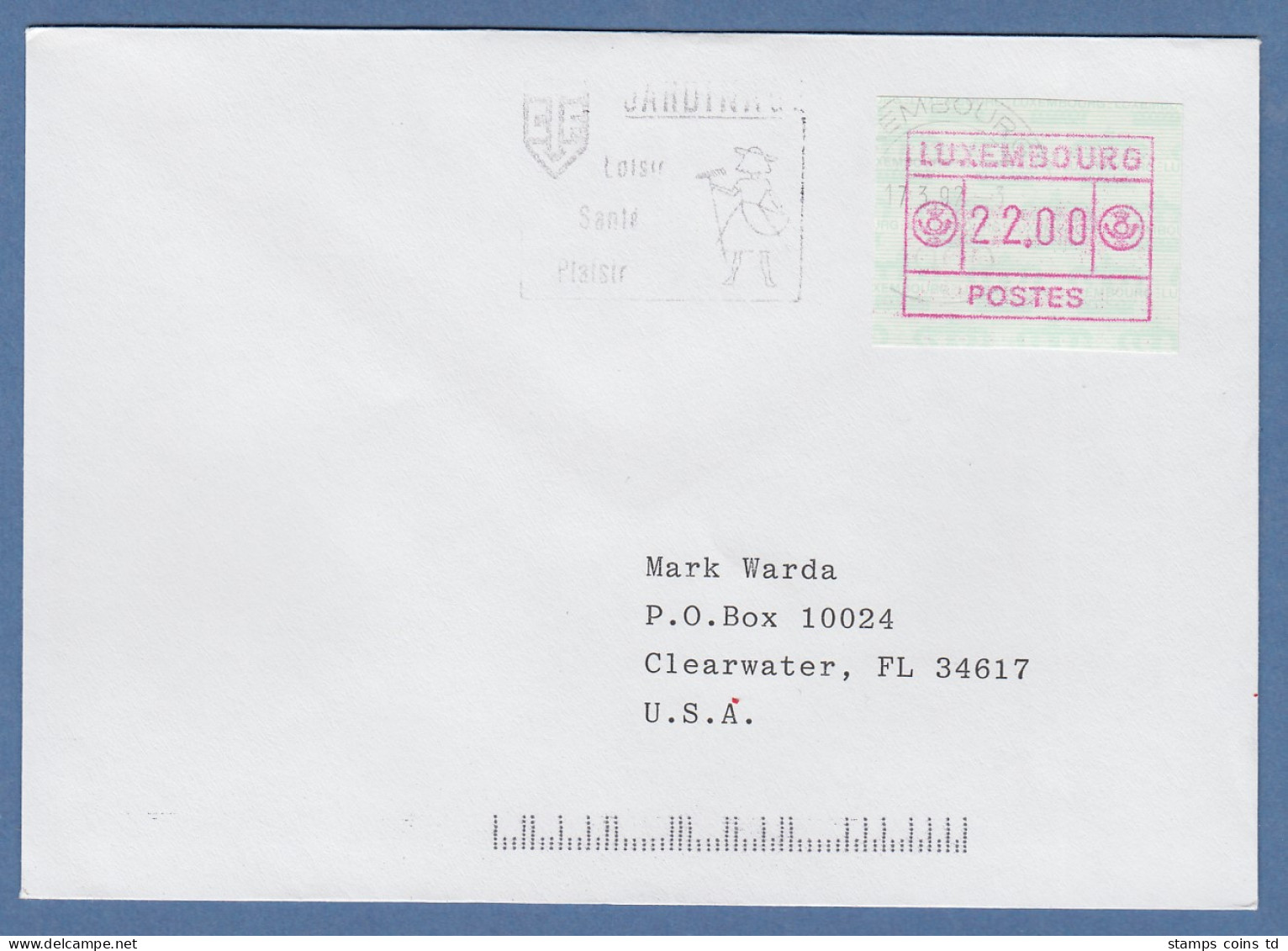 Luxemburg ATM Kleines POSTES Mi.-Nr. 2 Wert 22.00 A. Brief In Die USA, O 17.3.92 - Vignettes D'affranchissement