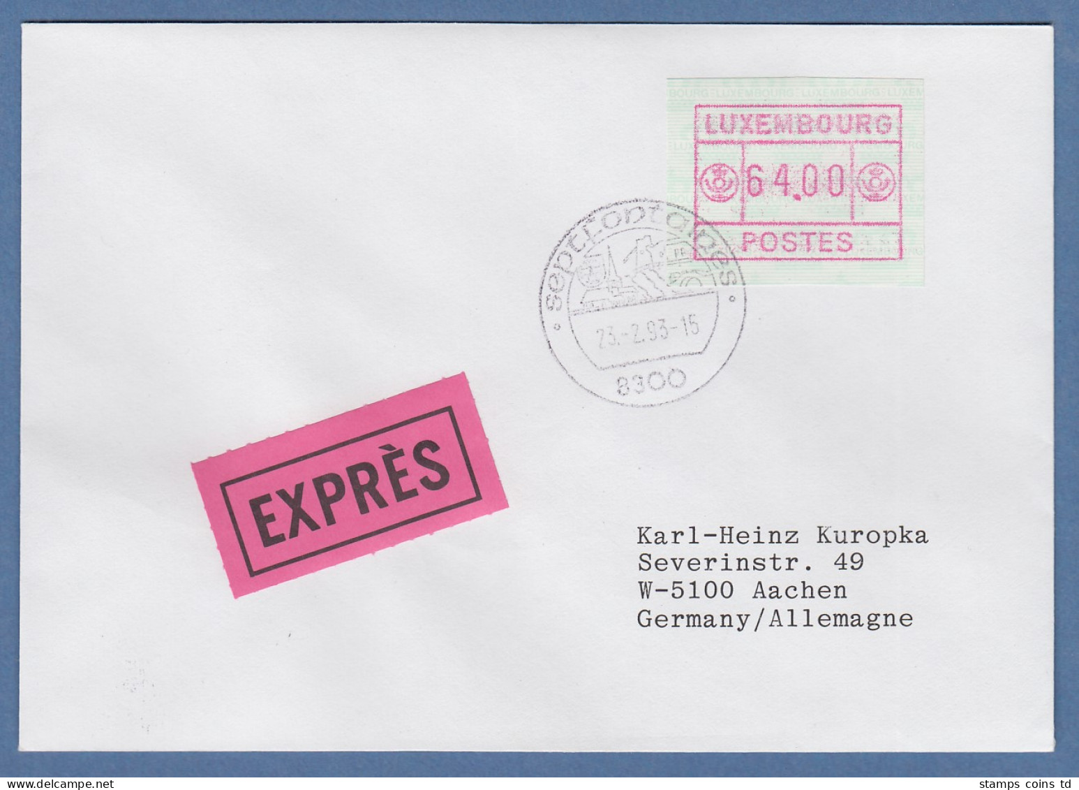 Luxemburg ATM Gr. POSTES Mi.-Nr. 3 Wert 64.00 Auf Express-Brief Nach Aachen - Automatenmarken