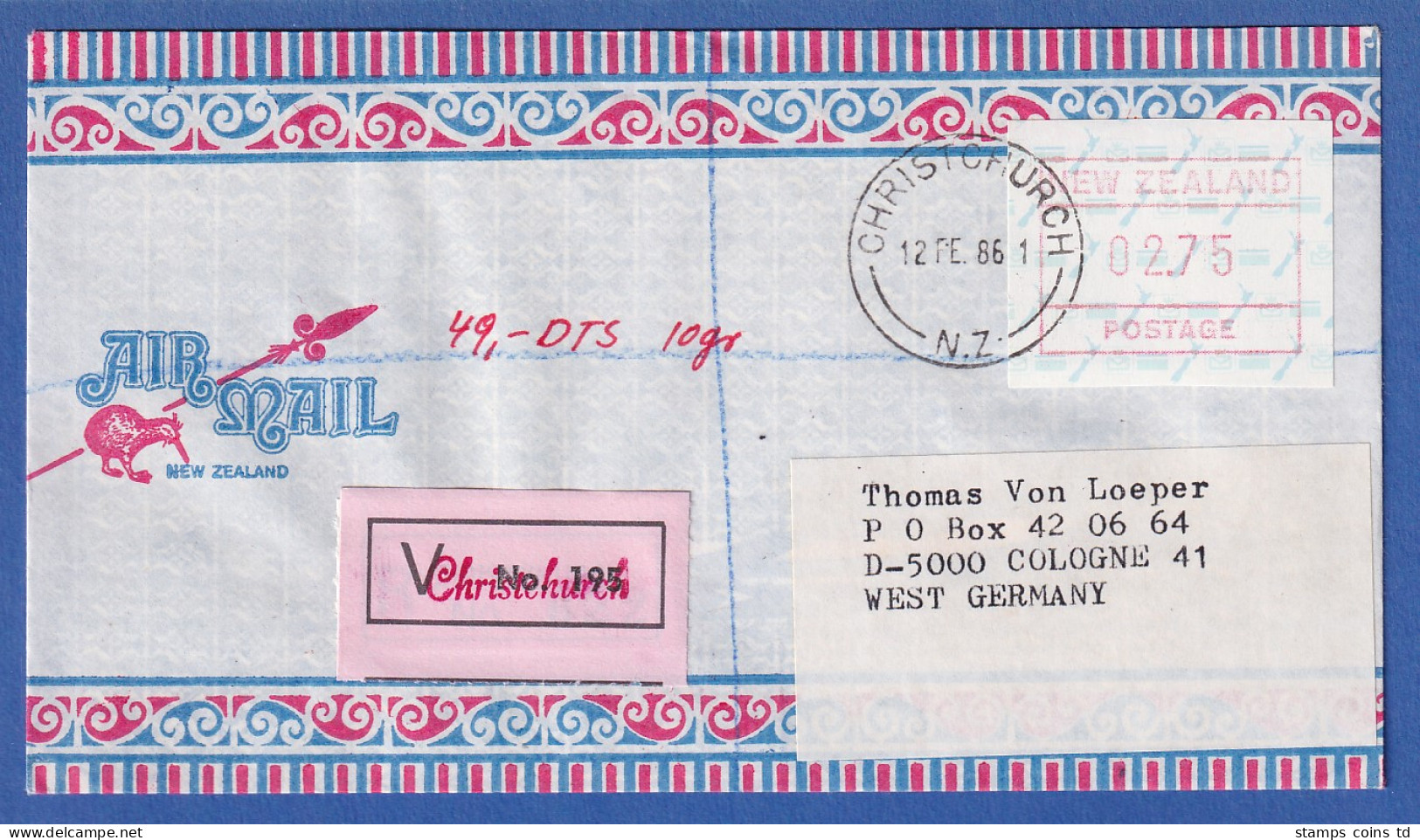 Neuseeland Frama-ATM 2. Ausg. 1986 Wert 02,75 Auf V-FDC Nach D - Collections, Lots & Séries