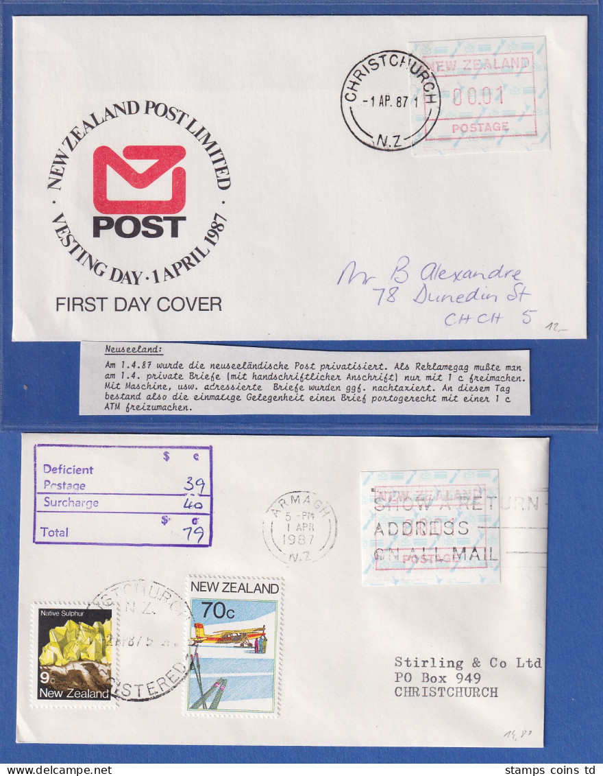 Neuseeland Frama-ATM 2. Ausg. 2 Briefe Je Mit Wert 0,01 Sondertarif Am 1.4.1987 - Colecciones & Series