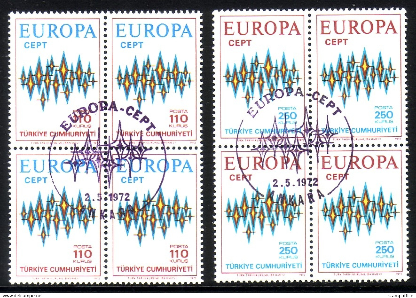 TÜRKEI MI-NR. 2253-2254 O 4er BLOCK EUROPA 1972 - STERNE - 1972