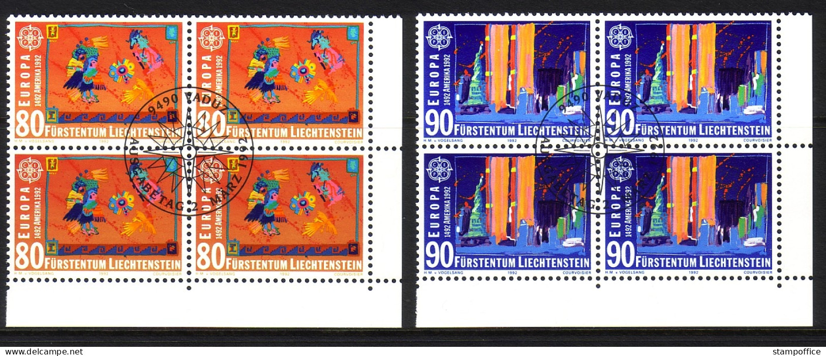 LIECHTENSTEIN MI-NR. 1033-1034 GESTEMPELT(USED) 4er BLOCK EUROPA 1992 ENTDECKUNG AMERIKAS COLUMBUS - 1992