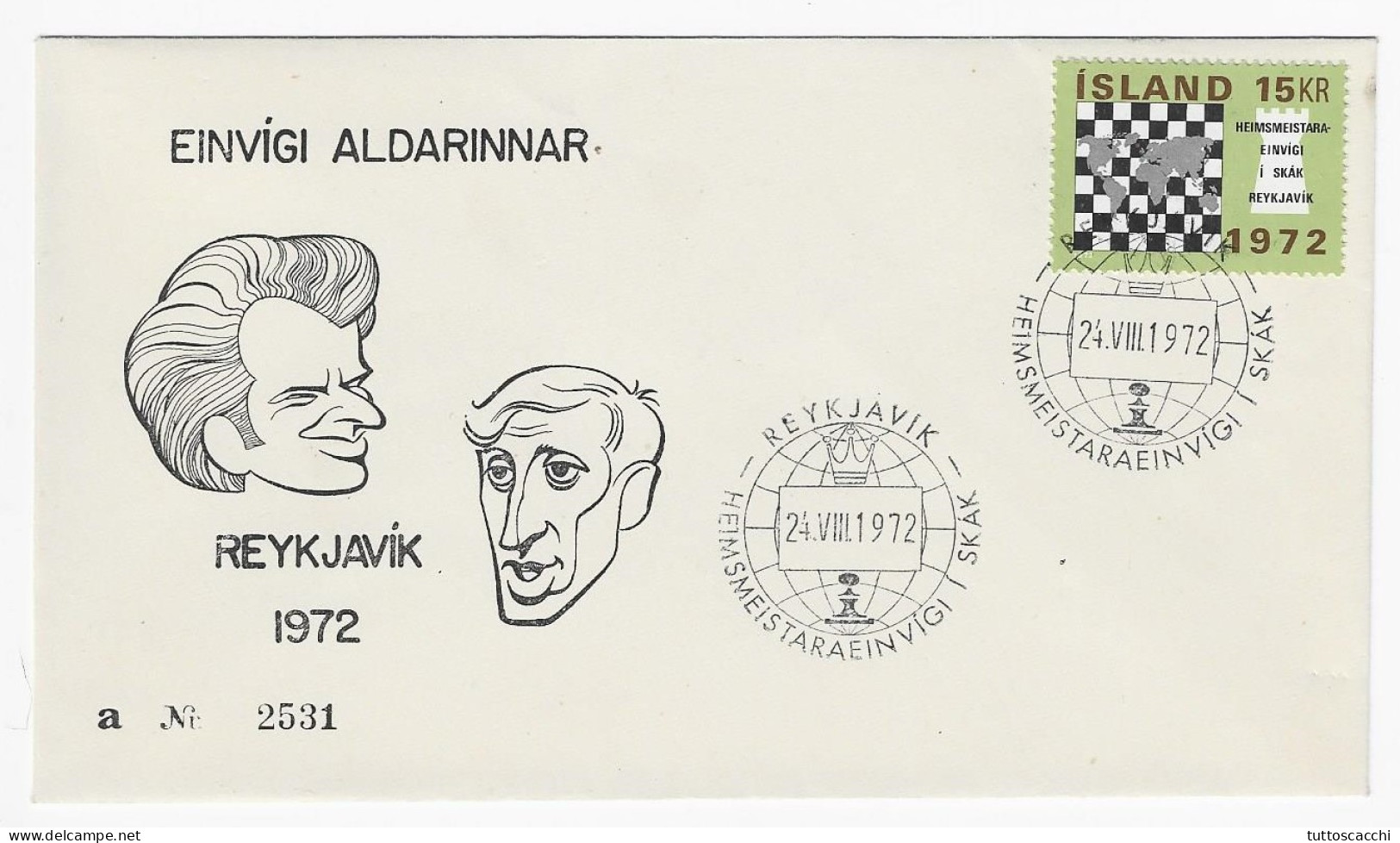 CHESS FDC Iceland 1972 Match Fischer-Spassky - Caricatures Fischer/Spassky WITH LETTER "a" - Schaken