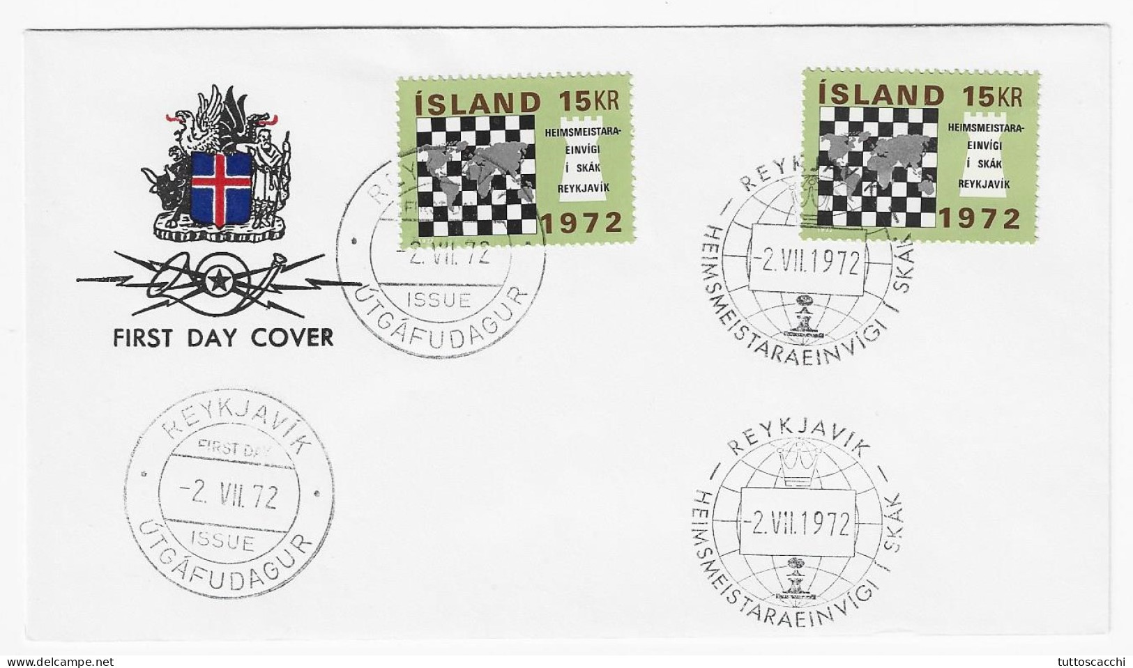 CHESS FDC Iceland 1972 Match Fischer-Spassky - First Day With The 2 Different Cancels - Schach