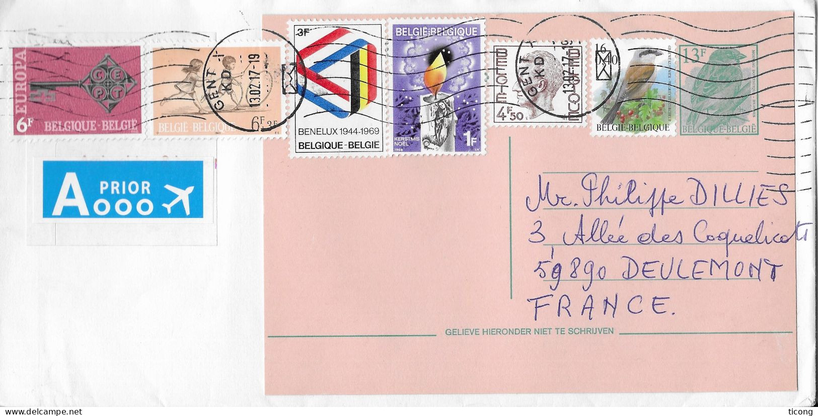 BELGIQUE ENTIER POSTAL MOINEAU DOMESTIQUE, COMPLEMENT D AFFRANCHISSEMENT POUR LA FRANCE - FLAMME GENT 2017, A VOIR - Errors & Oddities