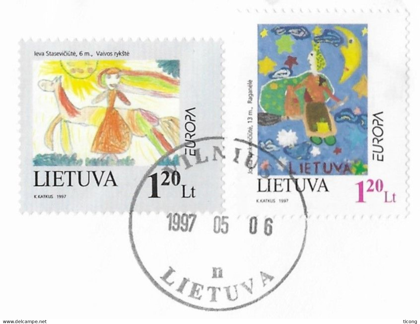 LETTRE DE LITUANIE, LIETUVA VIA BALTICA POUR LA FRANCE  - EUROPA 1997 ( DESSINS D ENFANTS ) LA SERIE - VOIR LES SCANNERS - 1997