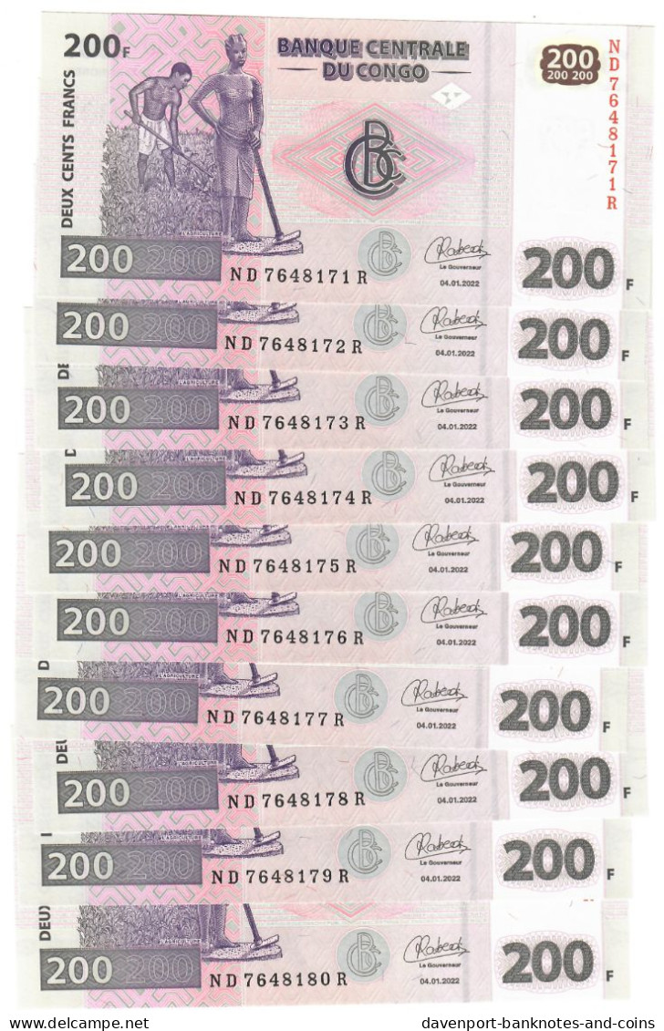 Democratic Republic Of Congo 10x 200 Francs 2022 UNC - République Démocratique Du Congo & Zaïre