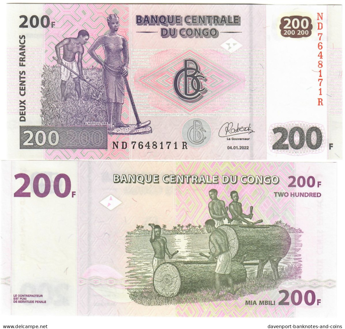 Democratic Republic Of Congo 10x 200 Francs 2022 UNC - Demokratische Republik Kongo & Zaire