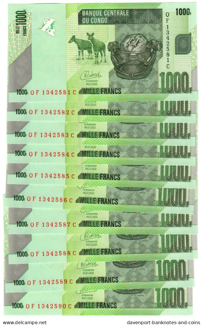 Democratic Republic Of Congo 10x 1000 Francs 2022 UNC - République Démocratique Du Congo & Zaïre