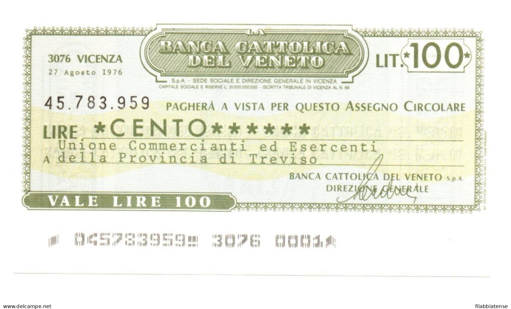 1976 - Italia - Banca Cattolica Del Veneto - Unione Commercianti Ed Esercenti Della Provincia Di Treviso ---- - [10] Cheques Y Mini-cheques