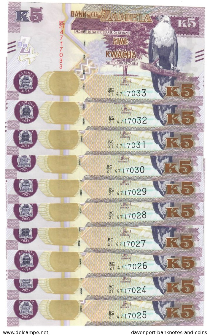 Zambia 10x 5 Kwacha 2021 UNC - Zambie