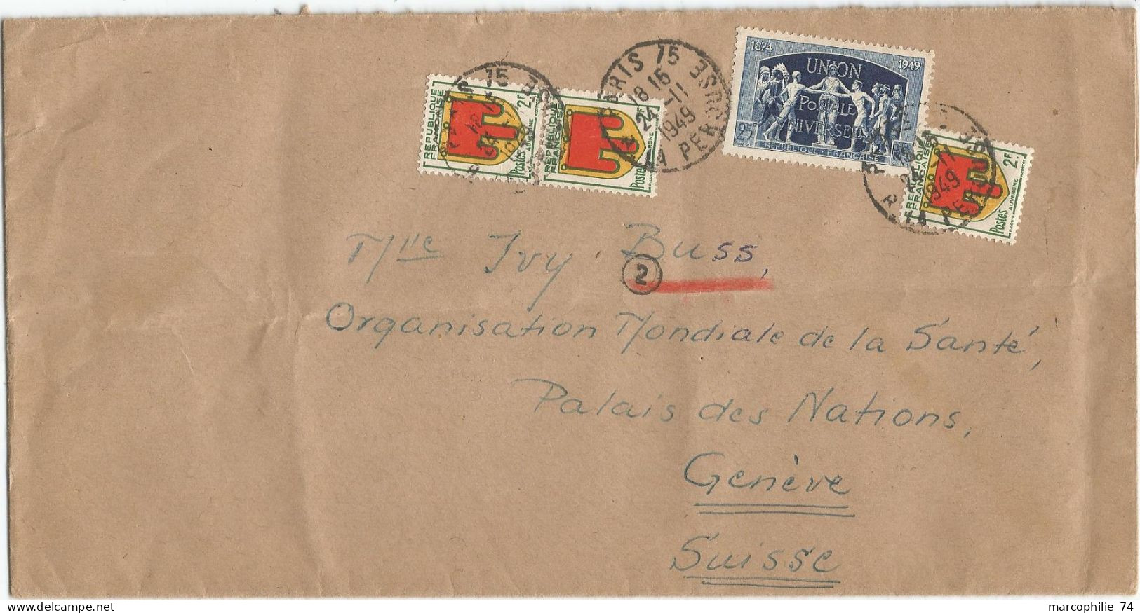 BLASONS 2FRX3+25FR UPU LETTRE PARIS 75 24.11.1949 ° INDEX 2 POUR ONU SUISSE TARIF AVION SANS ETIQUETTE - 1941-66 Armoiries Et Blasons