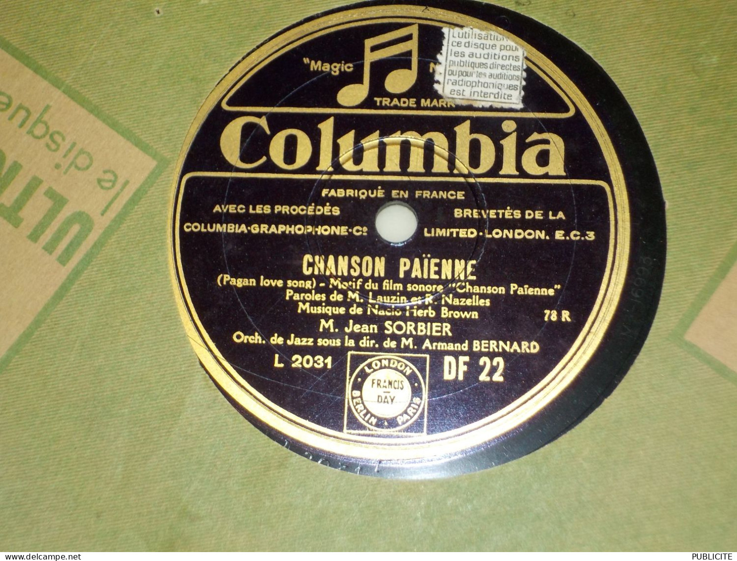 DISQUE VYNIL 78 TOURS FOX TROT DU FILMCHANSON PAIENNE DE JEAN SORBIER 1930 - 78 T - Disques Pour Gramophone