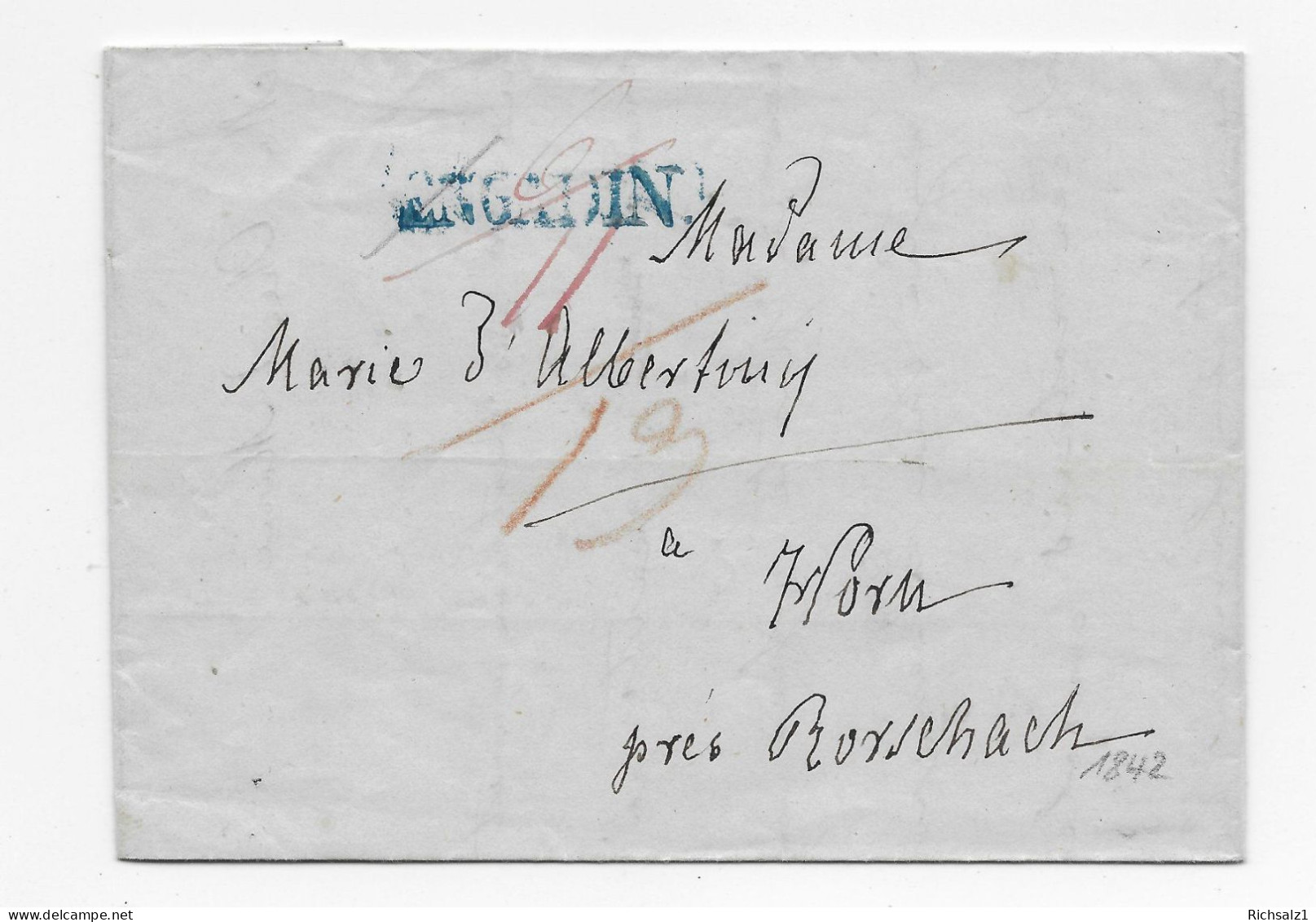 Heimat Graubünden: Faltbrief 1842 Mit Blauem Stab ENGADIN. (Wi 4104) Nach Horn - ...-1845 Prephilately