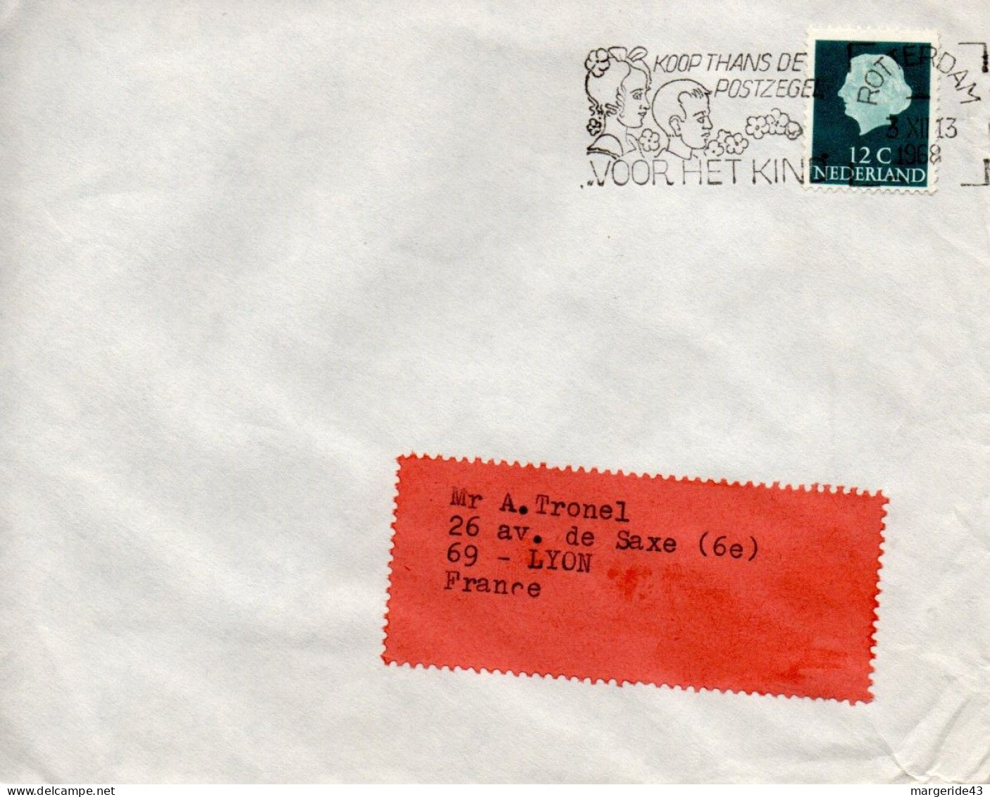 PAYS BAS SEUL SUR LETTRE AVION POUR LA FRANCE 1968 - Briefe U. Dokumente