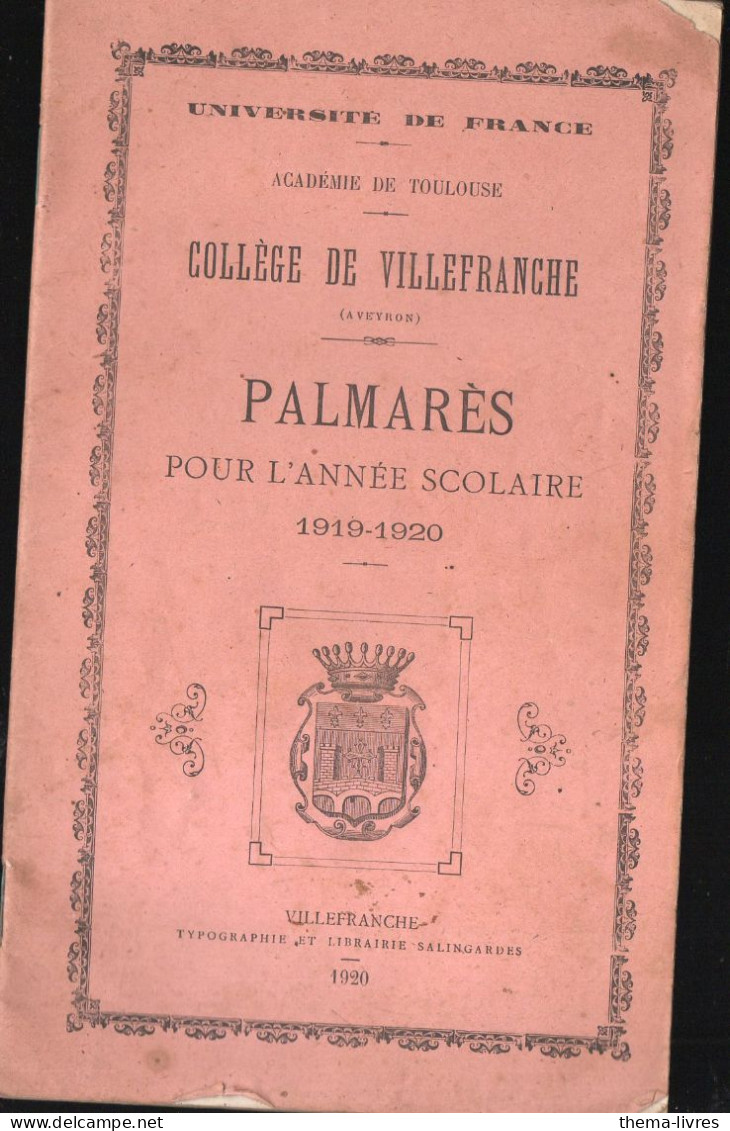 Villefranche 12 Aveyron)  Palmarès Du Collège  1919-1920   (PPP45998) - Midi-Pyrénées