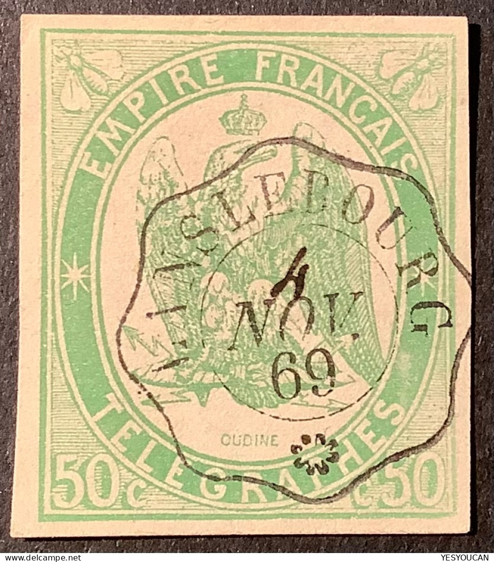 YT.2 Cad LANSLEBOURG 1869 (jour Manuscript !), Savoie, Timbre Télégraphe1868 50c Vert (aigle Abeille Telegraph Stamp - Telegraph And Telephone