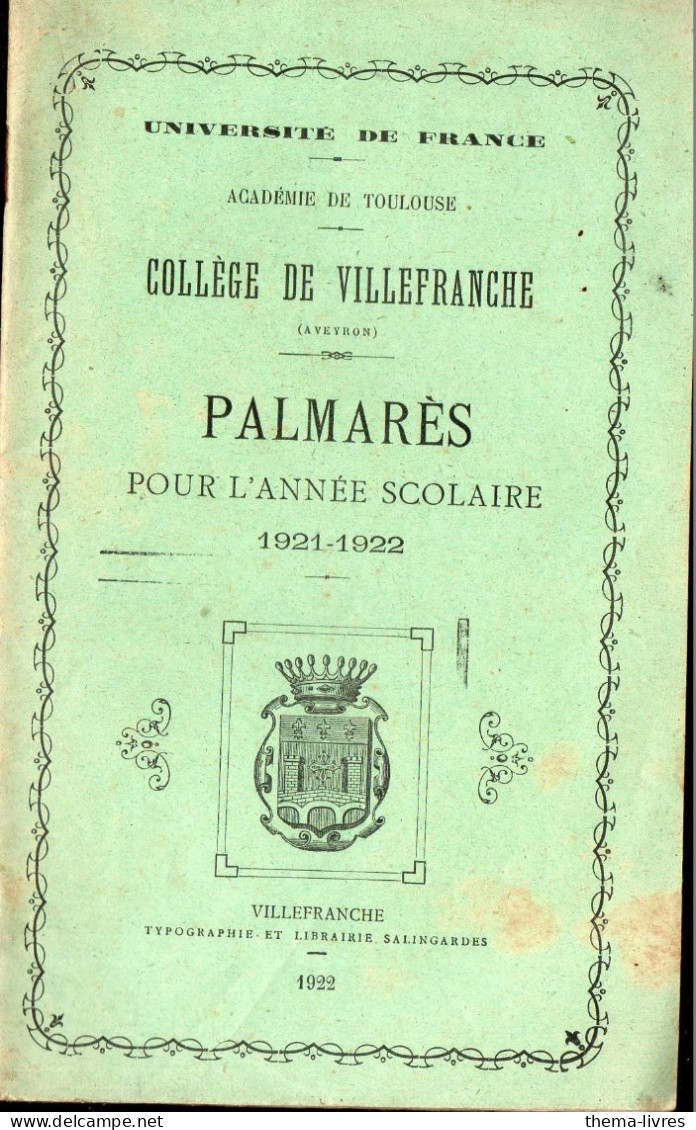 Villefranche (12 Aveyron)  Palmarès Du Collège  1921-1922  (PPP46000) - Midi-Pyrénées