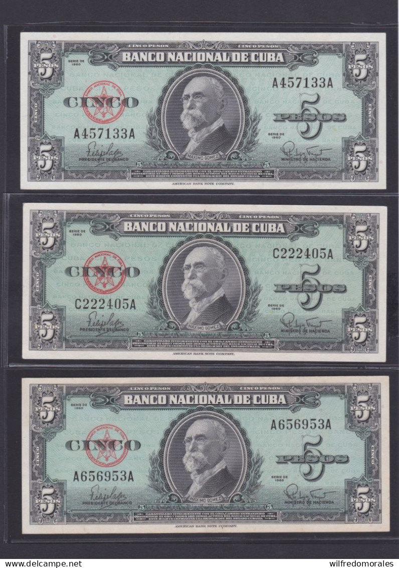 CUBA 5 PESOS 1960 SC/UNC LOTE DE TRES BILLETES - Kuba