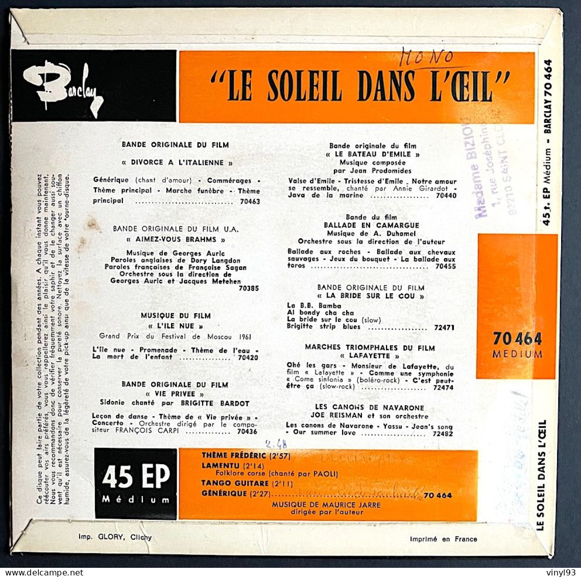 1961 - EP 45T B.O Du Film "Le Soleil Dans L'oeil" - Musique De Maurice Jarre - Barclay 70 464 - Soundtracks, Film Music