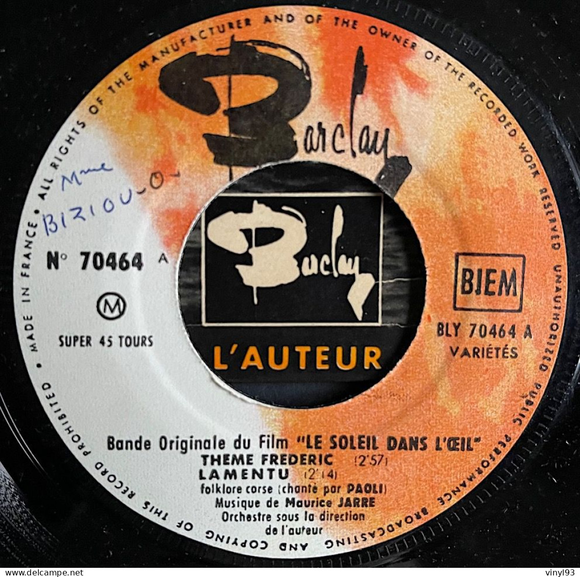 1961 - EP 45T B.O Du Film "Le Soleil Dans L'oeil" - Musique De Maurice Jarre - Barclay 70 464 - Filmmuziek