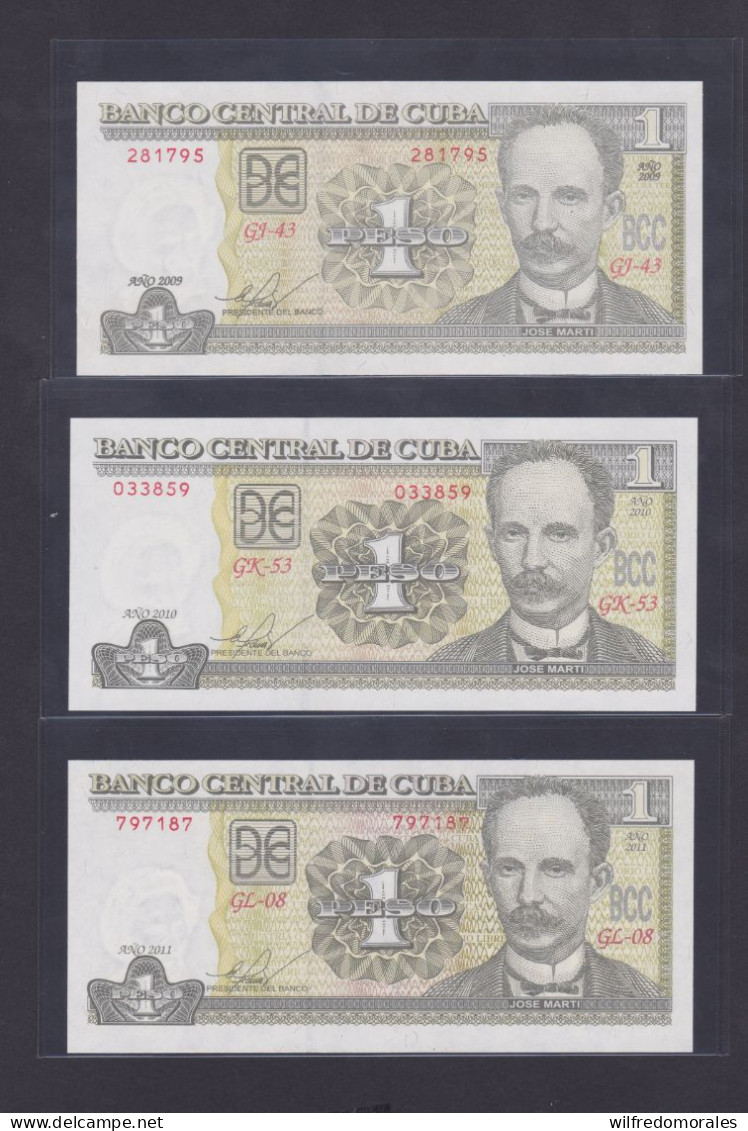 CUBA 1 Peso 2009/2010/2011 SC/UNC LOTE DE TRES BILLETES - Kuba