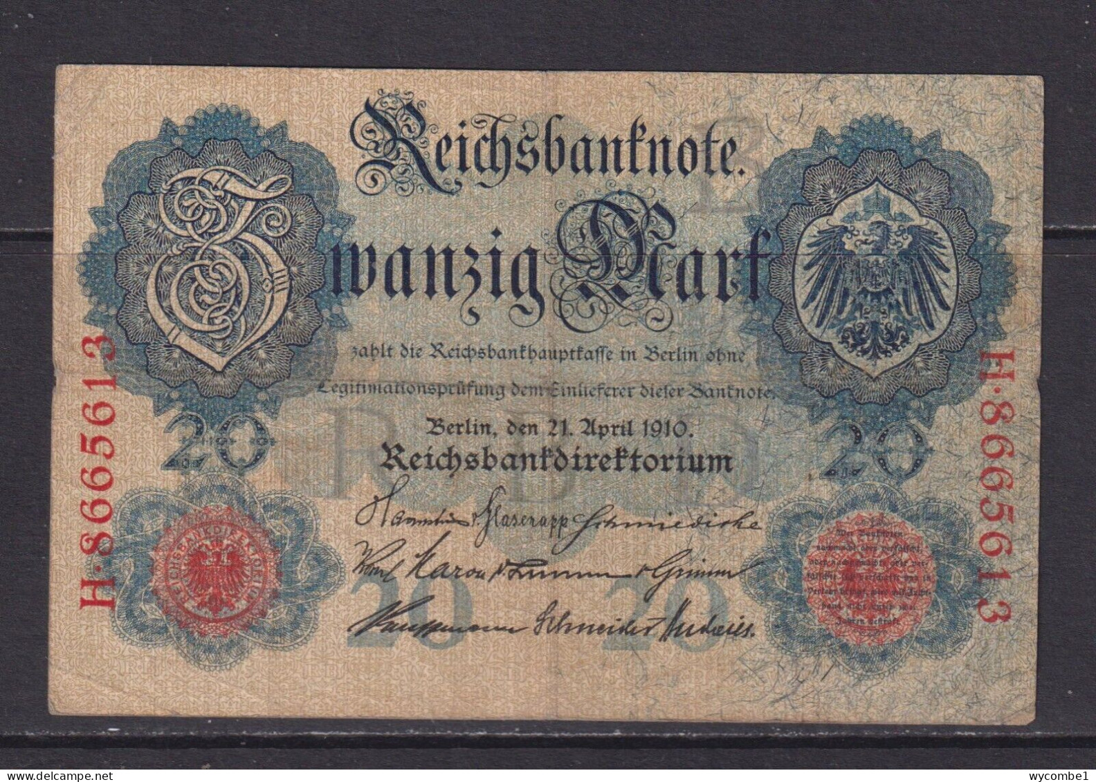 GERMANY - 1910 Reichsbanknote 20 Mark Circulated Note - 20 Mark