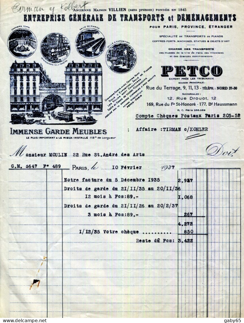 FACTURE.PARIS.ENTREPRISE GÉNERALE DE TRANSPORTS & DÉMÉNAGEMENTS.PETCO.9,11,13 RUE DU TERRAGE. - Verkehr & Transport