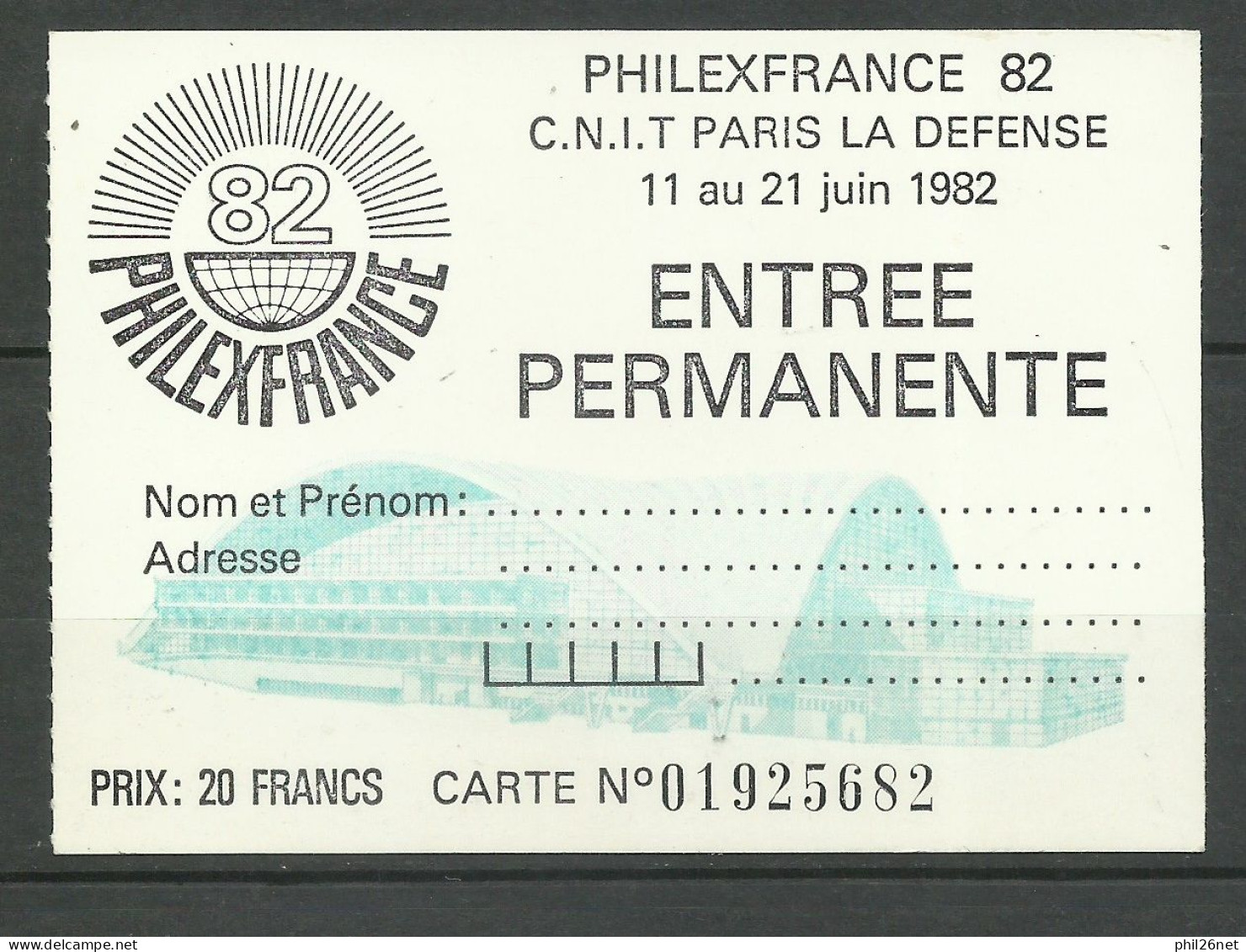 France Billet D'entrée Numéroté  Philexfrance  1982   Neuf   Non Utilisé  B/TB      Voir Scans  Soldé ! ! ! - Lettres & Documents